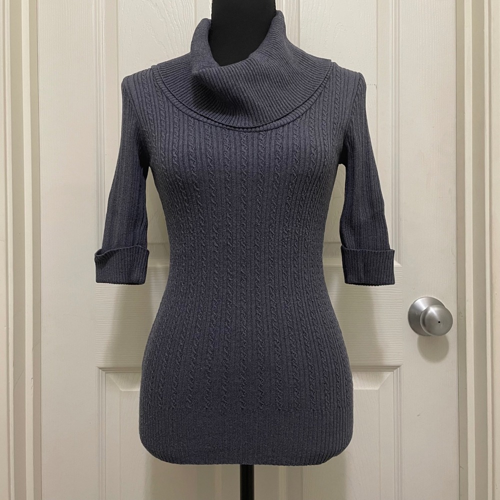 Vintage Y2K Bebe Ribbed Cable Knit Top Cowl Neck Gray Small Fitted Minimalist